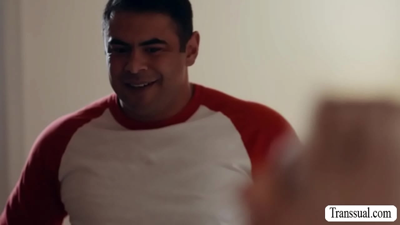 Fat dude gets home and saw his TS stepsister taking a nap on the couch.He pulls out his dick and jerks it off in front of her.