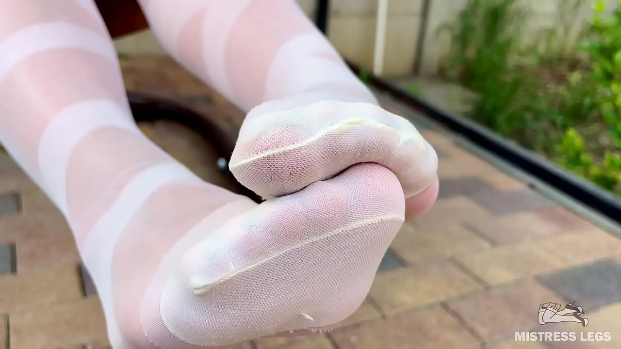 My soles in white pantyhose on the bench is stretching to you