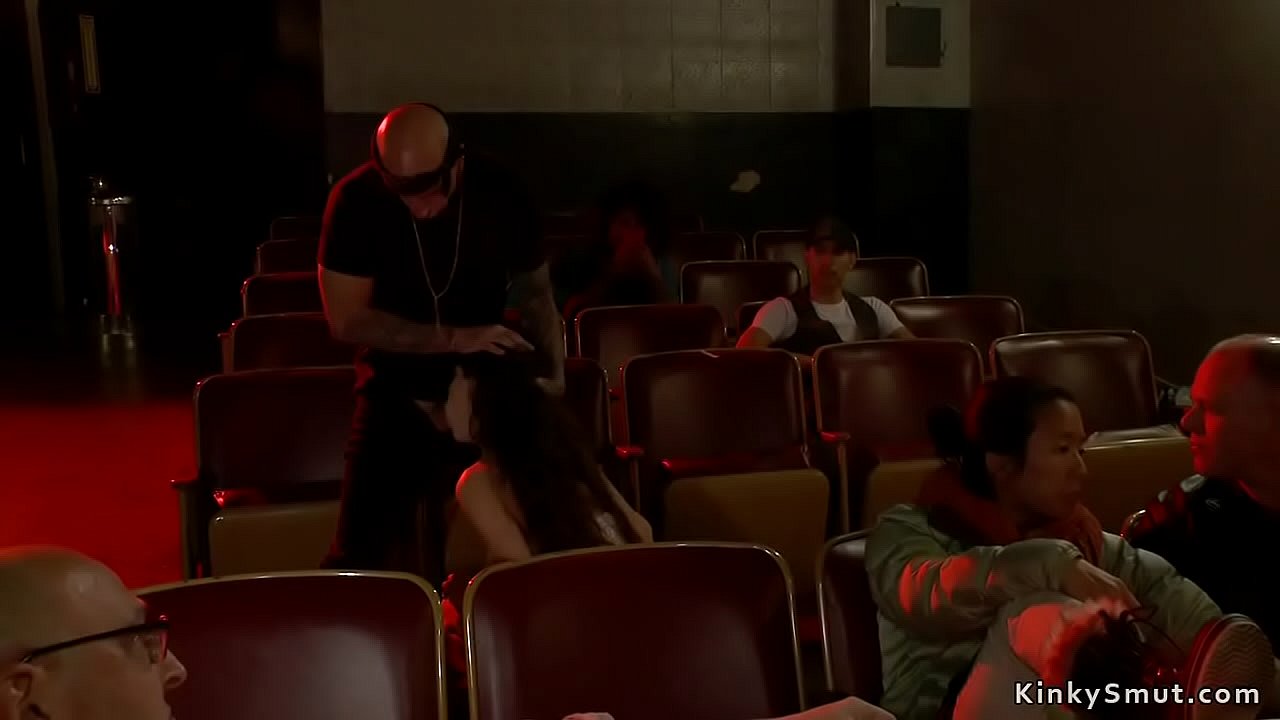 Fake big tits brunette slut is dragged in public adult movies theater and there bound and rough fucked for crowd