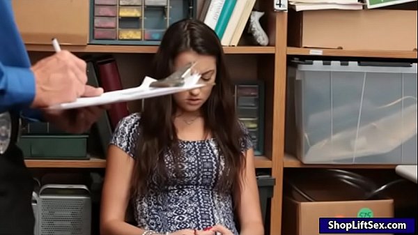 Brunette teen shoplifter Lily Adams caughter on CCTV stealing merchandise and then gets her twat ripped by nasty LP officer