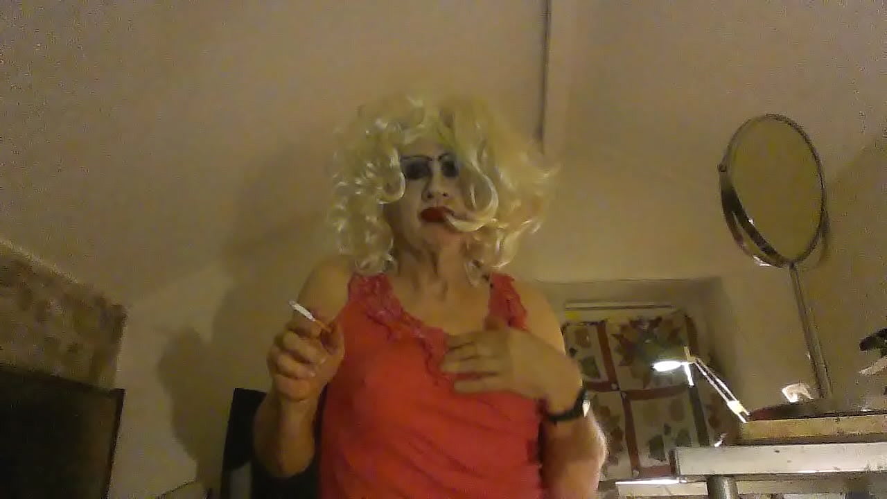 Sissy Slapper,  Cross-dressed, Sarah Millward, smoking and posing in lingerie