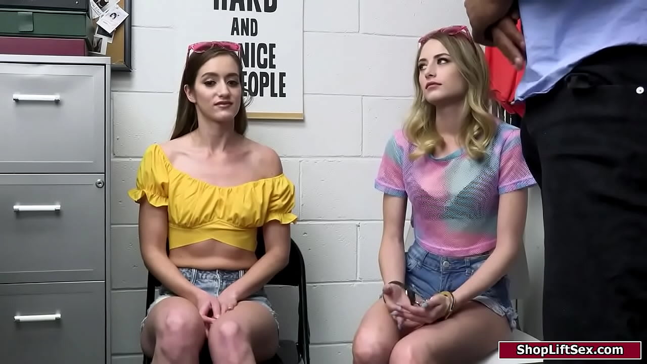 2 babes get caught stealing so they seduce the black officer to avoid cops.They give him a double bj and he takes turns fucking their shaved cunts