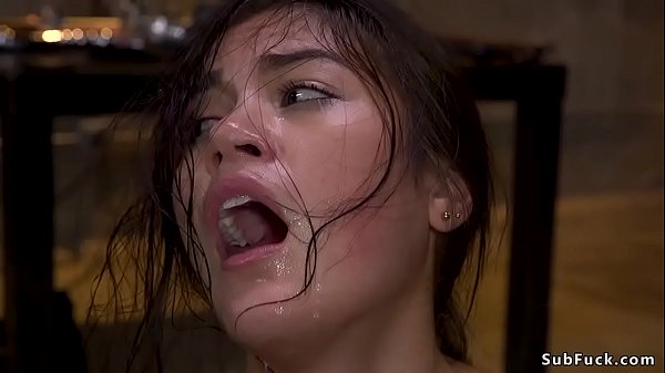 Hairy pussy fresh brunette slut Kendra Spade rides vibrator gagged in bondage restrain then ass whipped and fucked by big black cock master