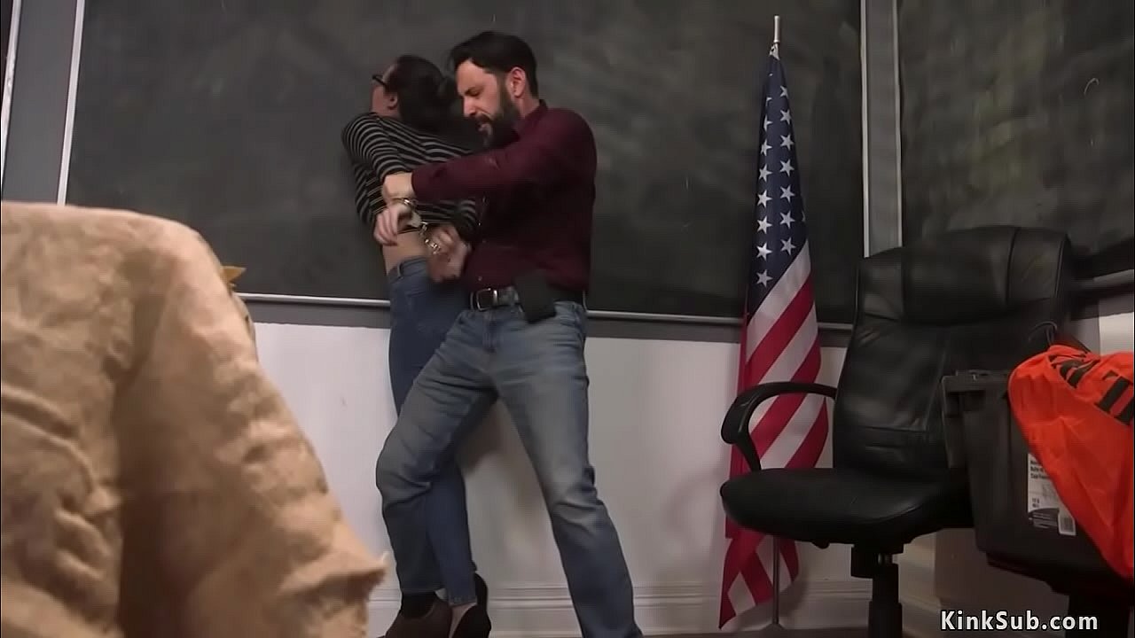 Dirty detective Tommy handcuffs sexy brunette evidence clerk Casey Calvert in glasses then in rope bondage fucks her throat and asshole