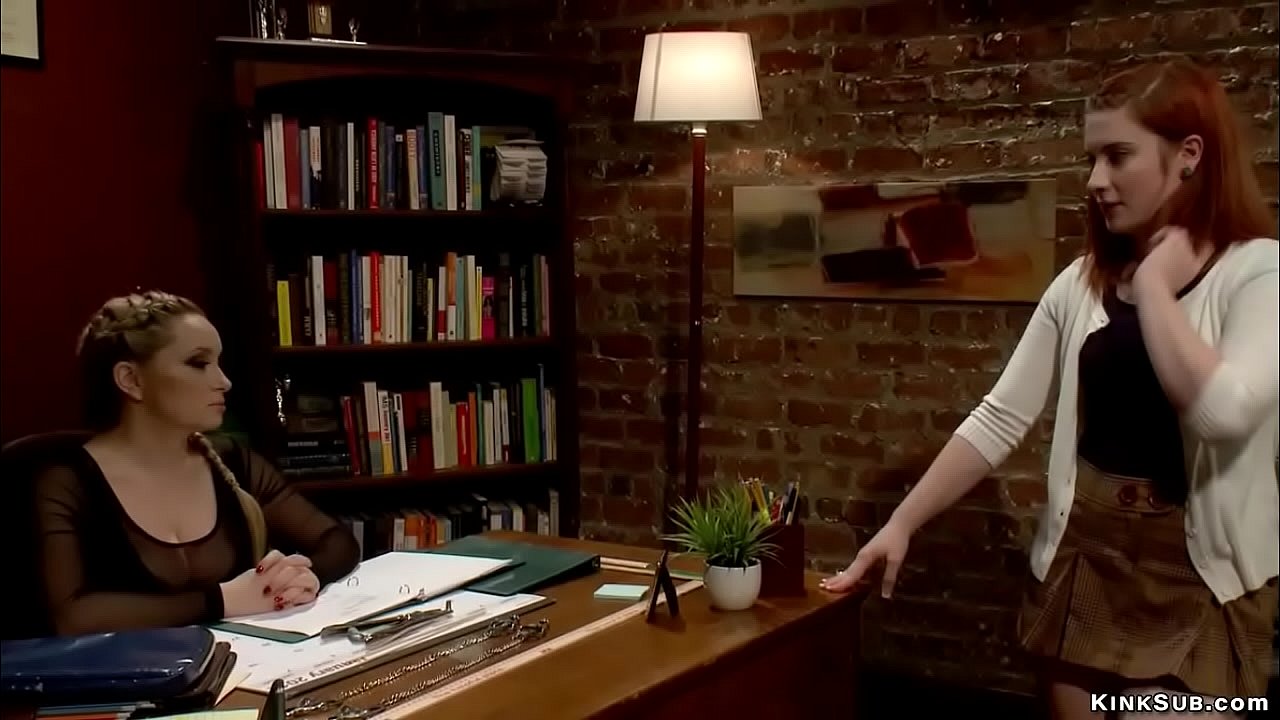 Big tits blonde lezdom professor Aiden Starr bends over desk sexy redhead teen Sadie Kennedy and spanks her hot ass with ruler then whips