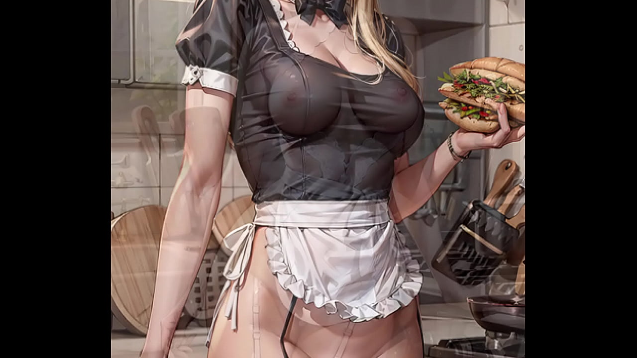 Sexy maid upskirts  in the kitchen