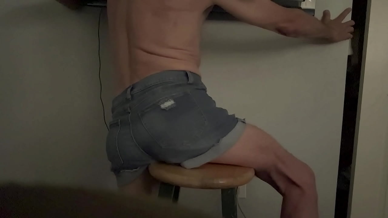 Short version in wife&rsquo;s denim shorts grinding butt groin and bulge on stool