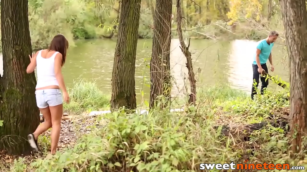 Mischievous teenie rides dick outdoors