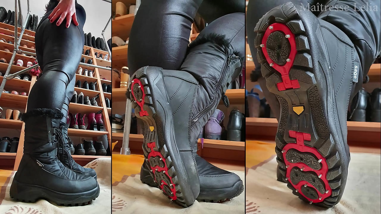 Ma&icirc;tresse Lelia joue en bootes &agrave; crampons sur son soumis