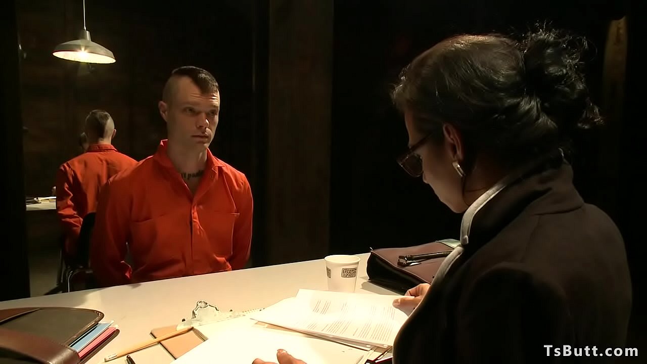 Locked tattooed guy Mike Panic is visited by big tits brunette shemale lawyer Jaquelin Braxton and soon after she used him for anal sex