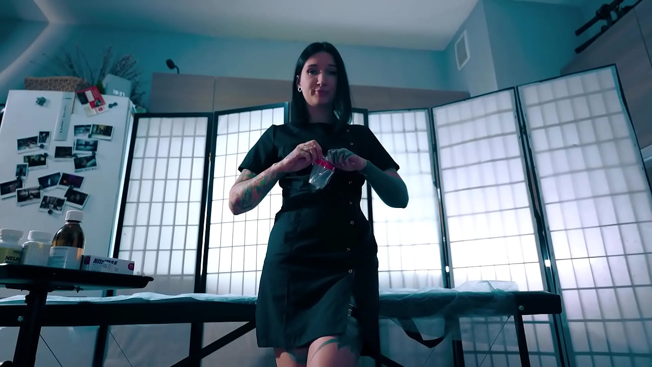 Sexy nurse in latex gloves helped her patient collect a semen analysis