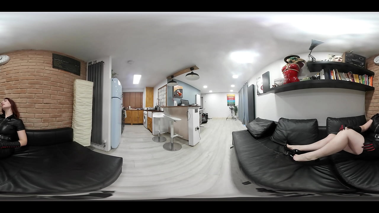 360&deg; VR video of sexy Roswell posing in a black leather skirt,top & long gloves
