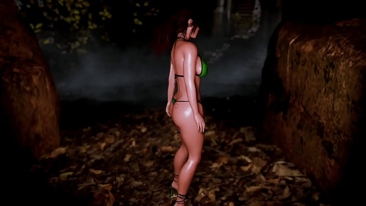 Mature sexy Lara Croft alone seductively posing in microbikini at thicket