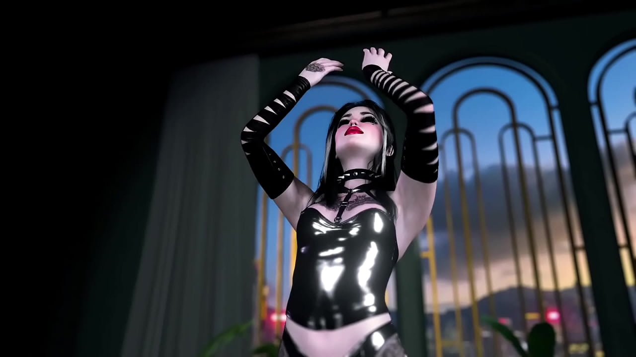 Slim petite student in slutty black costume lures you with a juicy body