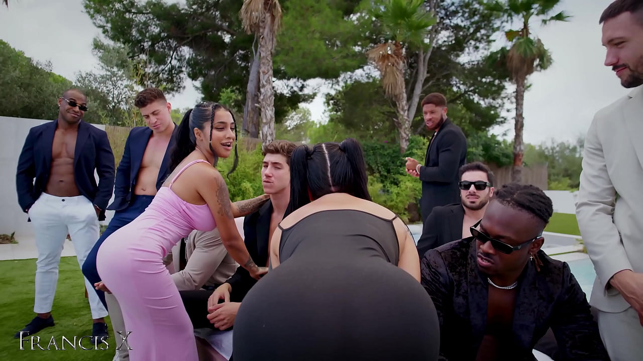 Outdoor Gangbang 9 Guys Fuck 2 Sluts in Lingerie with Anal and DP