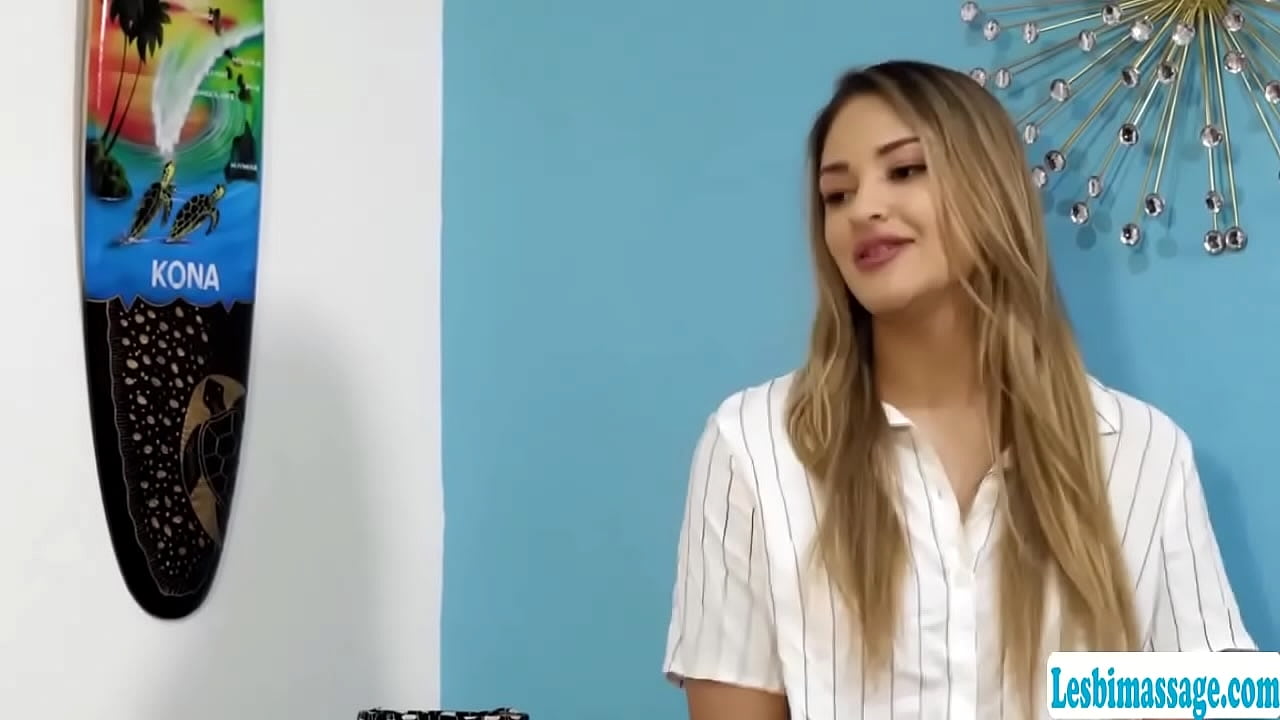 Busty blonde goes to the house of her new neighbor and gives her a free massage.After that,they get horny and start licking each others wet pussy.