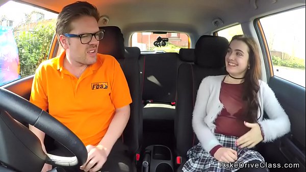 Brunette student with pale skin after driving class gets instructors big dick