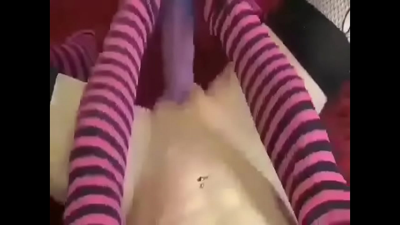 Big dildo self fucking in strippy socks