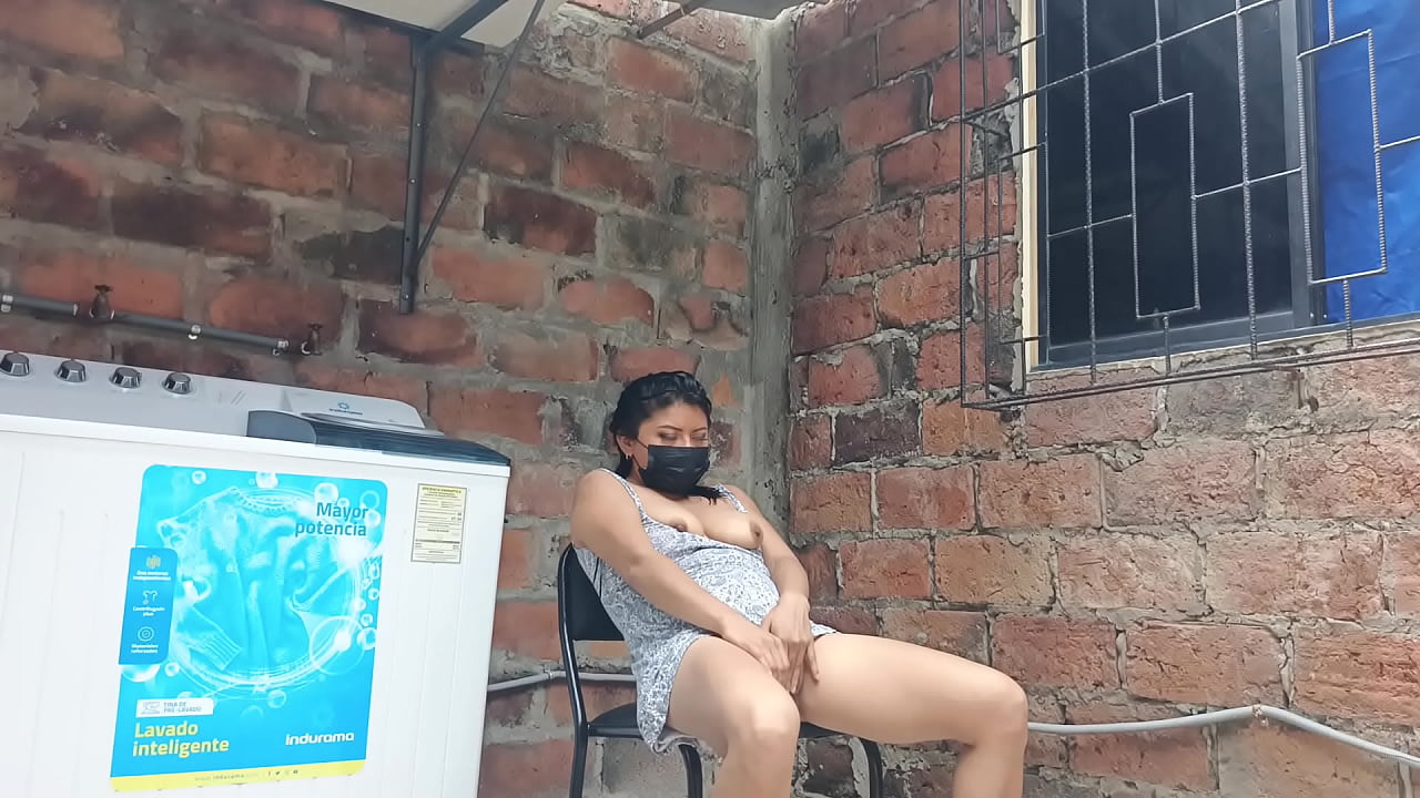 My slutty neighbor in the yard showing her pussy - under her dress