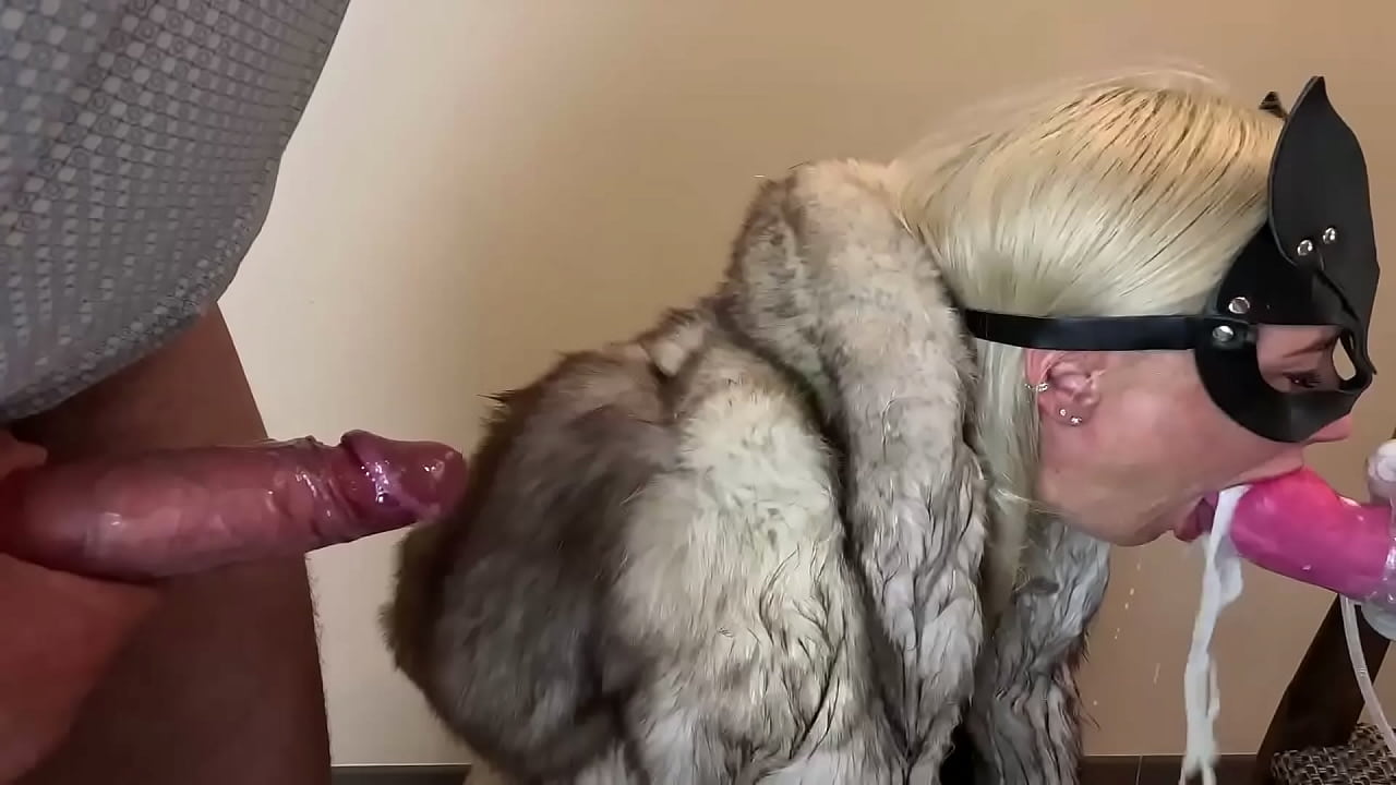 Lady in Fur Coat CrazyWifeSlut throat destruction by big dick and knot dildo (a lot of puke and vomit, fur coat mess)