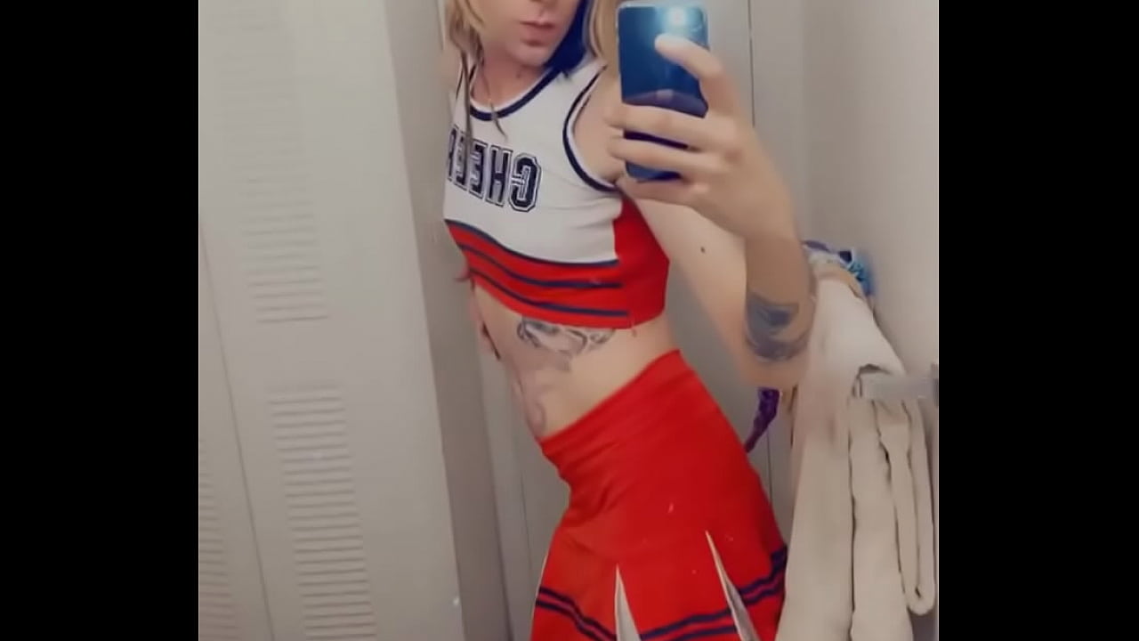 Hot Horny Cheer Leader Touches Her Tiny Dick and Sucks on Her Knees