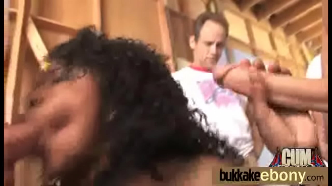 Ebony babe sucking a group of horny white dudes 4