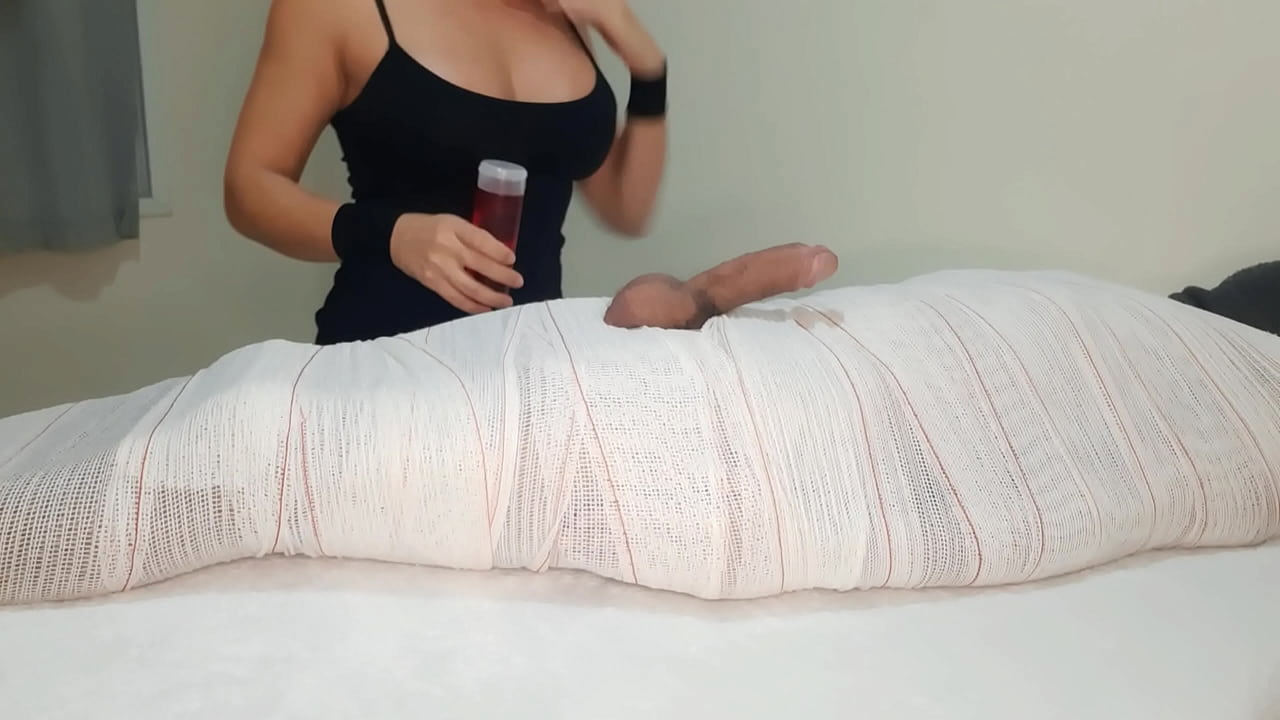 Part1 MUMMIFIED Handjob with interruption of cum for two minutes.