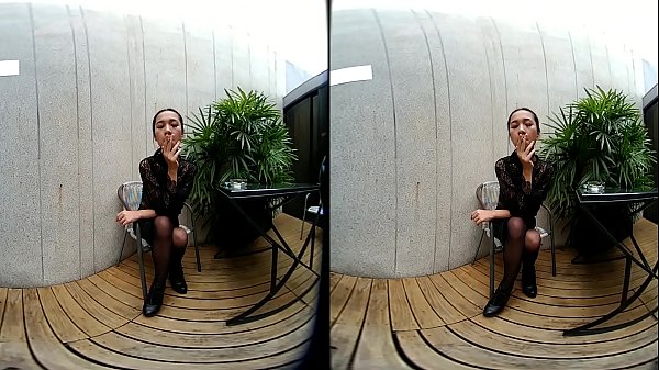 VRpussyVision.com - Young girl smokes topless and in leather skirt