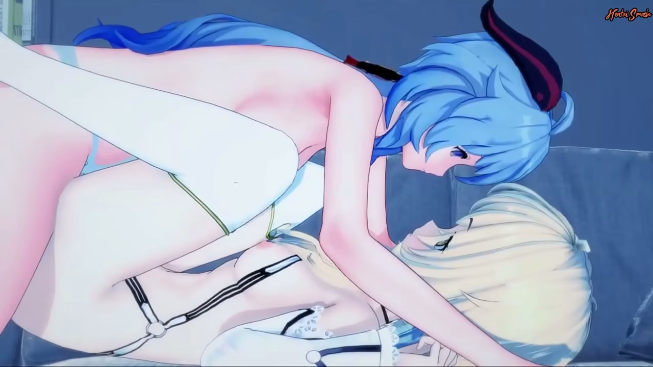 Lumine gets fucked doggystyle by Ganyu with a strap on, rides it cowgirl until she cums.