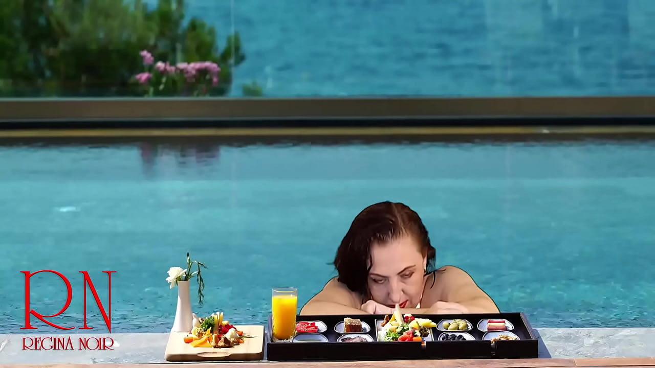 Regina Noir. Tits teasing at swimming pool. Nudist hotel. Nudism outdoors. full