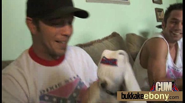 Ebony cutie sucks several dicks for a facial bukkake 17