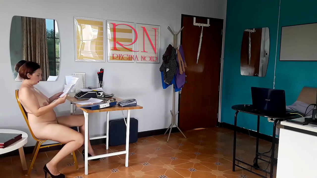 Naked office. Nudism in a public place. A hired lady manager without panties at the workplace. Boss and manager.