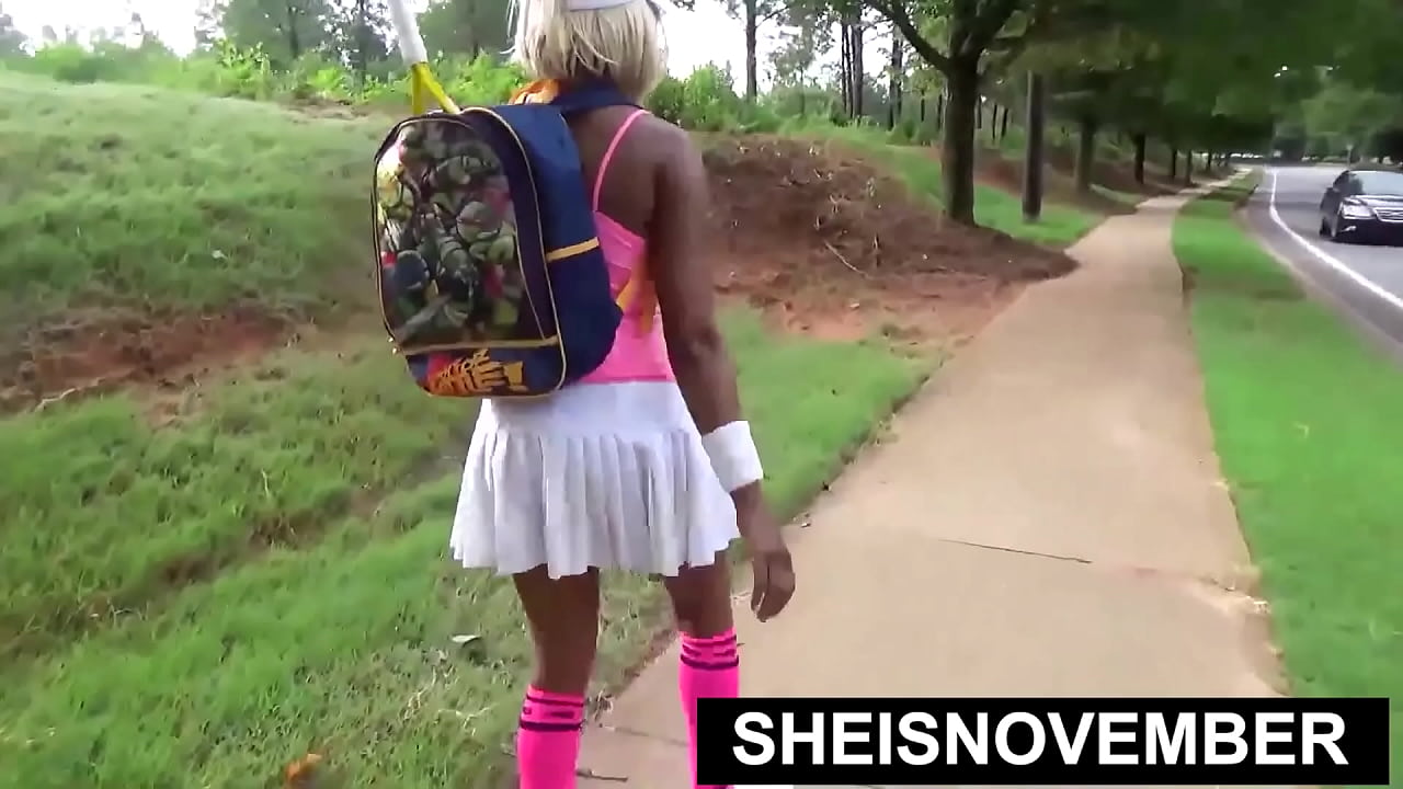 Young Ebony Sucking Old Cock Stranger In Public Giving Blowjob While Kneeling With Her Large Natural Breasts and Areolas Out Of Her Top, Sheisnovember Then Walks While Flashing Her Panty During Upskirt With Curvy Hips by Msnovember