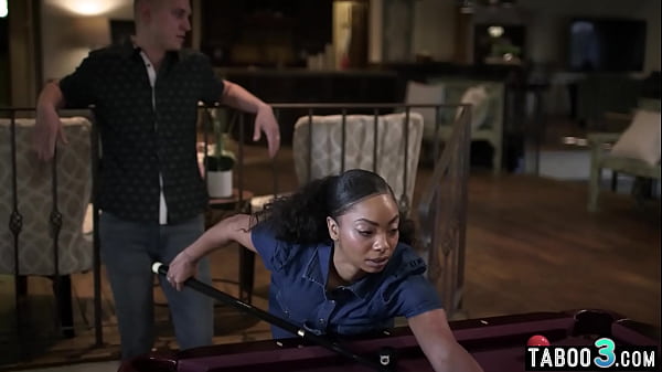 Horny dude fucked a shaved black pussy roughly on a pool table