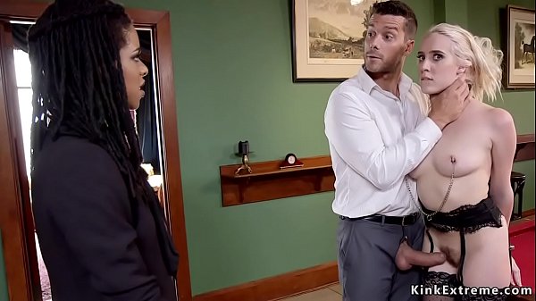 Ramon Nomar makes his blonde slave hottie Cadence Lux worship stockings to ebony journalist Kira Noir then bangs in bondage while ebony rimming her