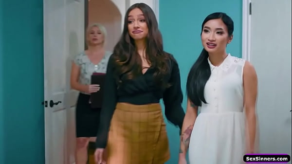 SexSinners.com - Lesbian couple visiting an open house and stay behind in the bedroom.The busty brunette kisses her petite asian wife and licks her shaved pussy