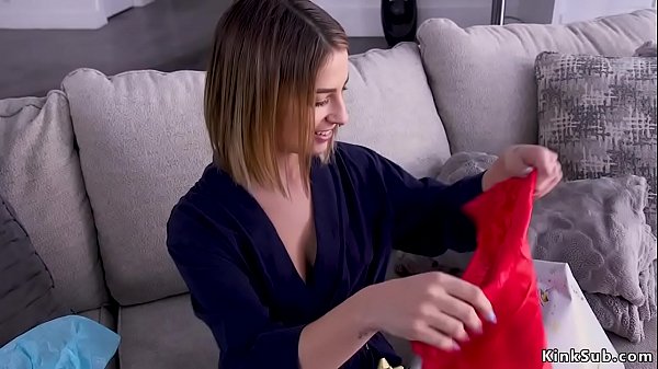 Hot brunette babe Kristen Scott wearing her red Xmass lingerie and then delivery man ties and gags her then hard flogs in her home