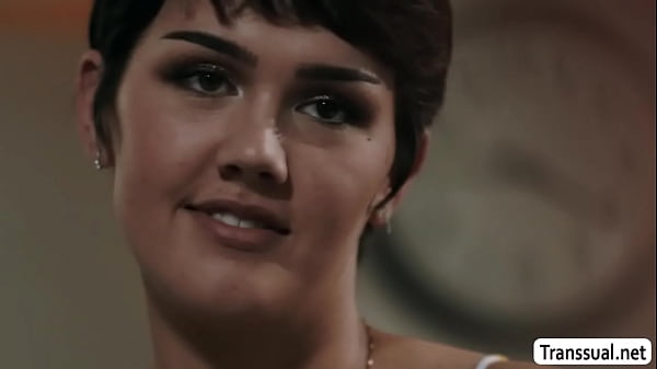 TS short haired caught her friend jerking off on his bed and instead of getting mad,she throats his hard big dick 