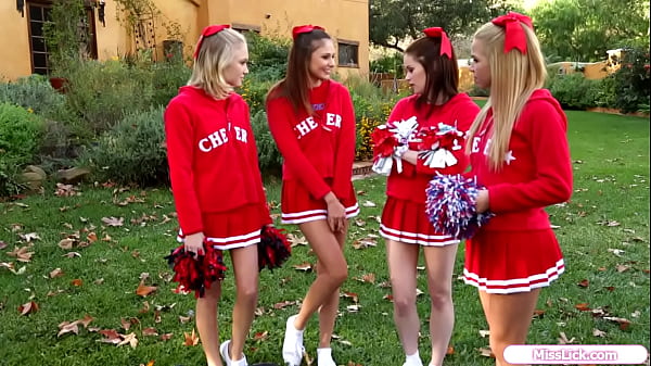 Petite teen cheerleaders work out their plan to soften up their captain.The all get naked and the teens kiss and facesit while licking pussy  