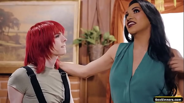 Big tits shemale Jessy Dubai kisses tgirl babysitter Ella Hollywood.The milf ts barebacks her when her husband walks in and joins.Both anal the trans 