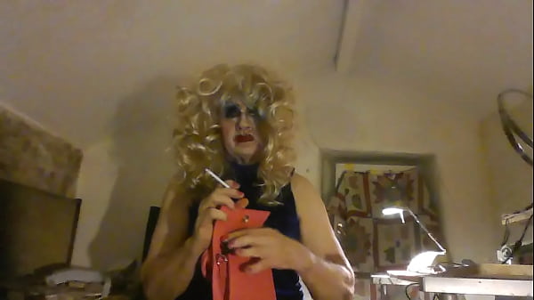 Cross-dresser smokes for you to masturbate and cum over