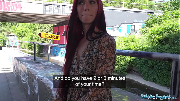 Public Agent MILF with bright red hair gets fucked stand up doggystyle outside