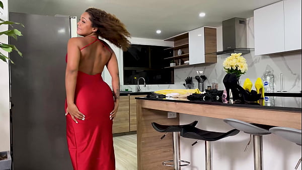 Ebony MILF maid Carla Morelli caught in red dress by Brandon Cruz and taken hard with BBC and doggy