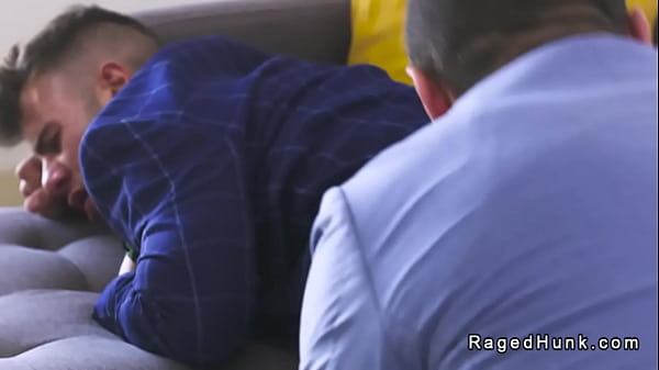 Real estate agent gets rimjob from his potential employee then gets hairy ass fucked and cummed on the sofa  