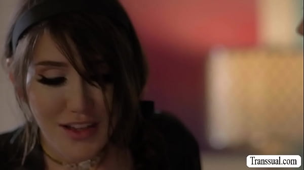 Lovely TS and her hot stepsis are on the bed kissing each other.After that,she lets her stepsis suck her tranny cock before she fucks her wet pussy. 