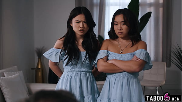 Asian stepdaughters from different stepmoms in a threesome with stepdad  