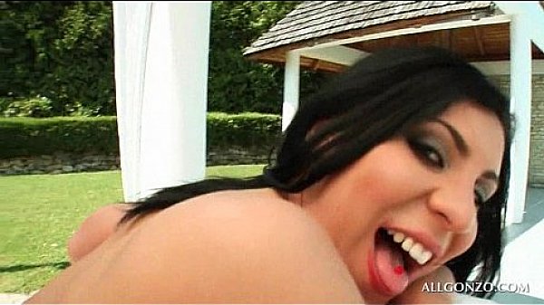 Hardcore pussy fuck by the pool with naked brunette hottie