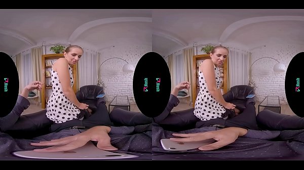 Hot blonde with small tits rides her boyfriends cock in virtual reality