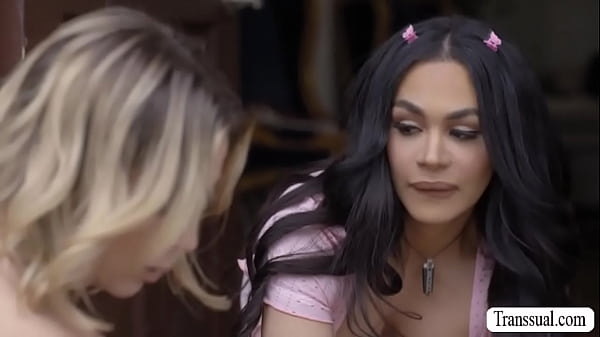 Latina TS Eva Maxim gets horny after she saw oil sellers nipples and getting her tits massage.She lets oil seller gives her titjob and in return,she then fucks her tight wet oily pussy so deep and fucking hard.