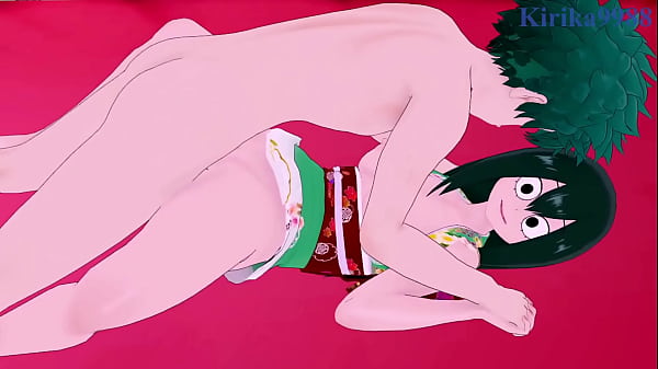Tsuyu Asui (Kimono) and Momo Yaoyorozu (Kimono) and Izuku Midoriya intense sex. - My Hero Academia Hentai